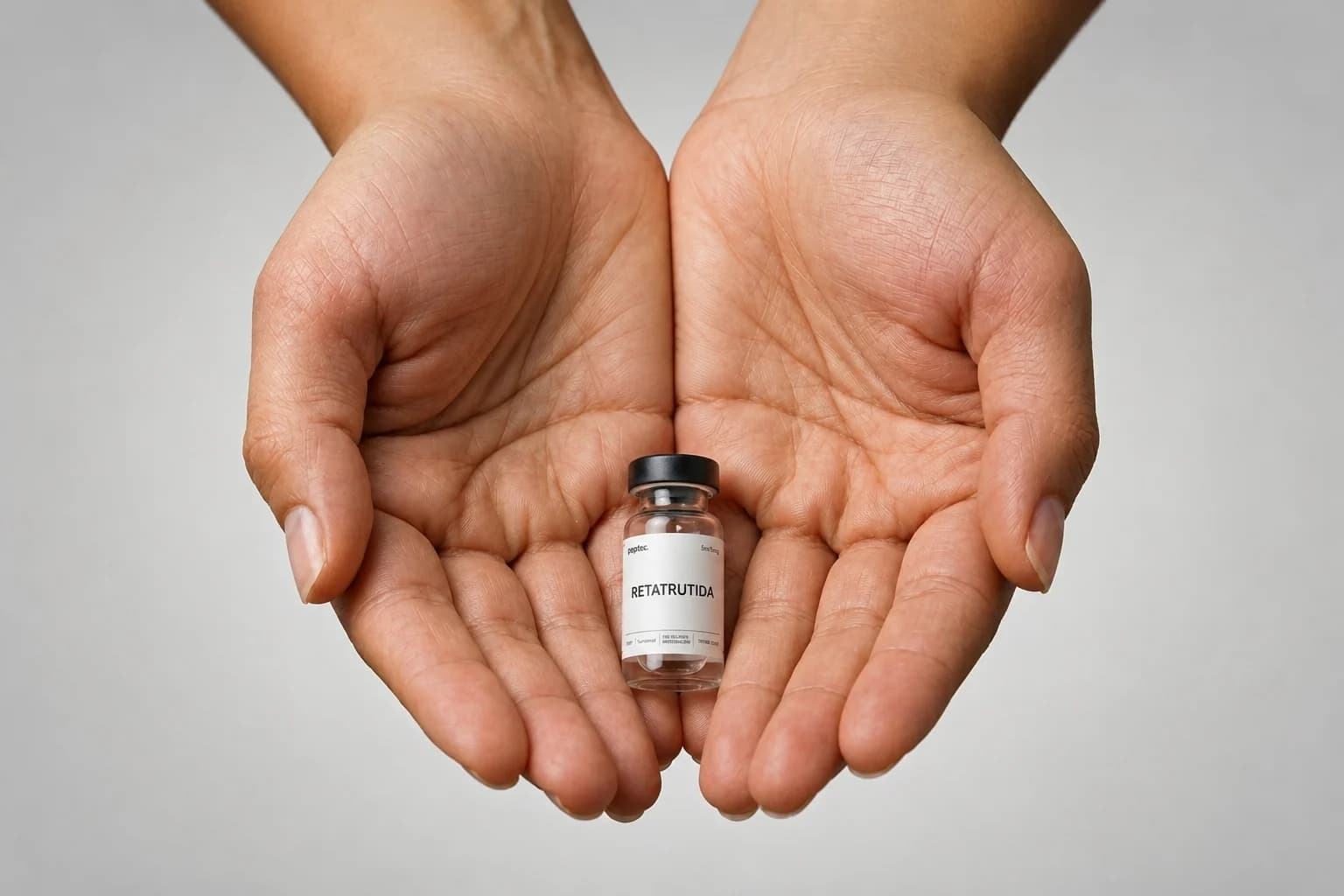Vial de péptido Peptibox sostenido en manos con guantes
